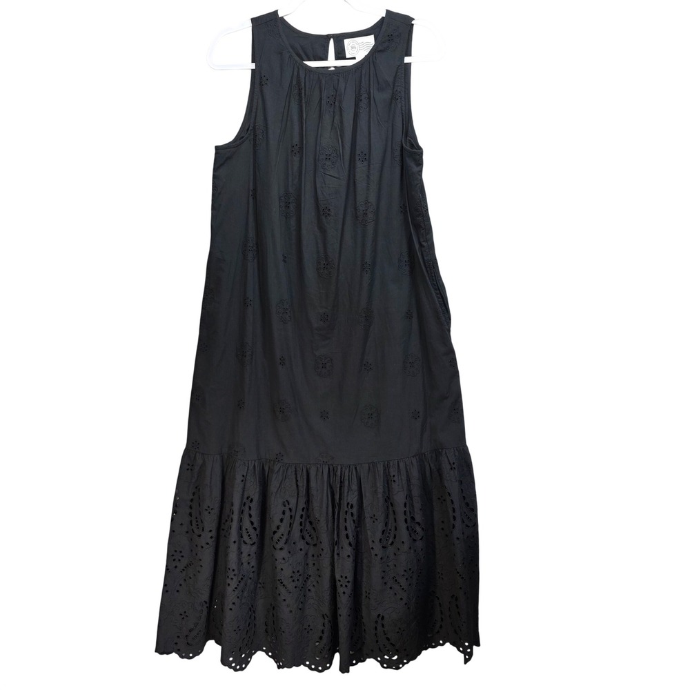 Destination 365 Eyelet Midi Dress Womens S Sleeveless Tiered Boho Cottage Black